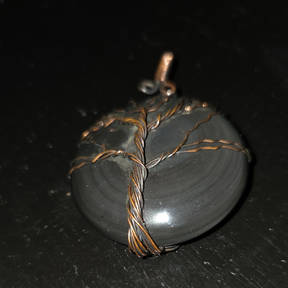 🎁 Black Obsidian Copper Wire Wrapped Tree Of Life Pendant NEW
